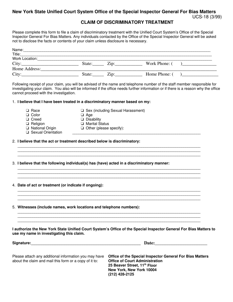 Form UCS-18 Claim of Discriminatory Treatment - New York, Page 1