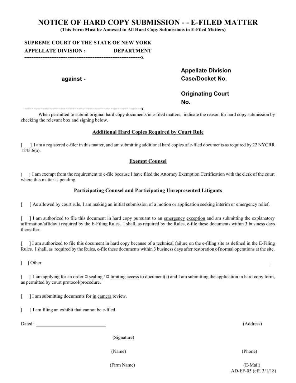 Form AD-EF-05 Notice of Hard Copy Submission - E-Filed Matter - New York, Page 1