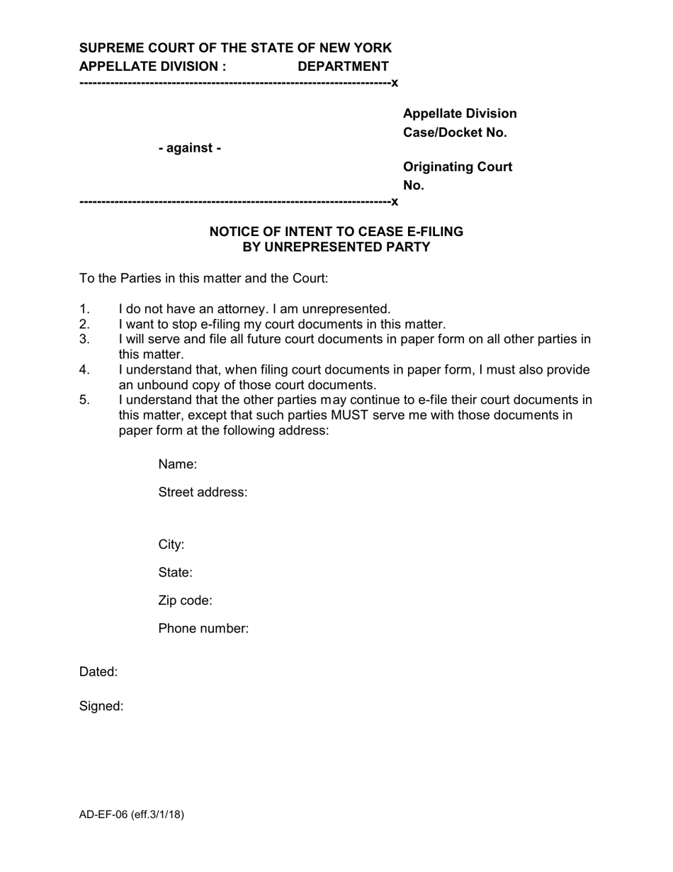 Form AD-EF-06 Notice of Intent to Cease E-Filingby Unrepresented Party - New York, Page 1