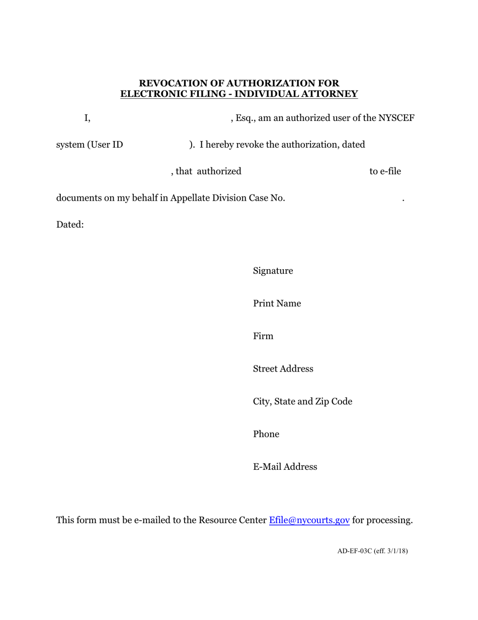 Form AD-EF-03C Revocation of Authorization for Electronic Filing - Individual Attorney - New York, Page 1