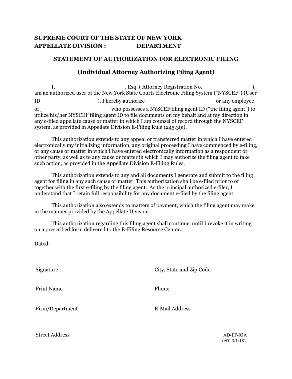 Form AD-EF-03A Statement of Authorization for Electronic Filing - New York, Page 1