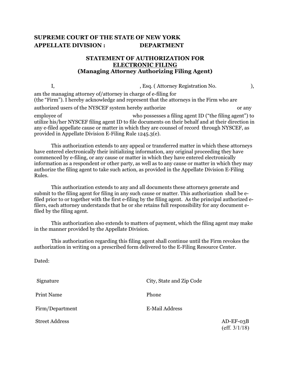 Form AD-EF-03B Statement of Authorization for Electronic Filing (Managing Attorney Authorizing Filing Agent) - New York, Page 1