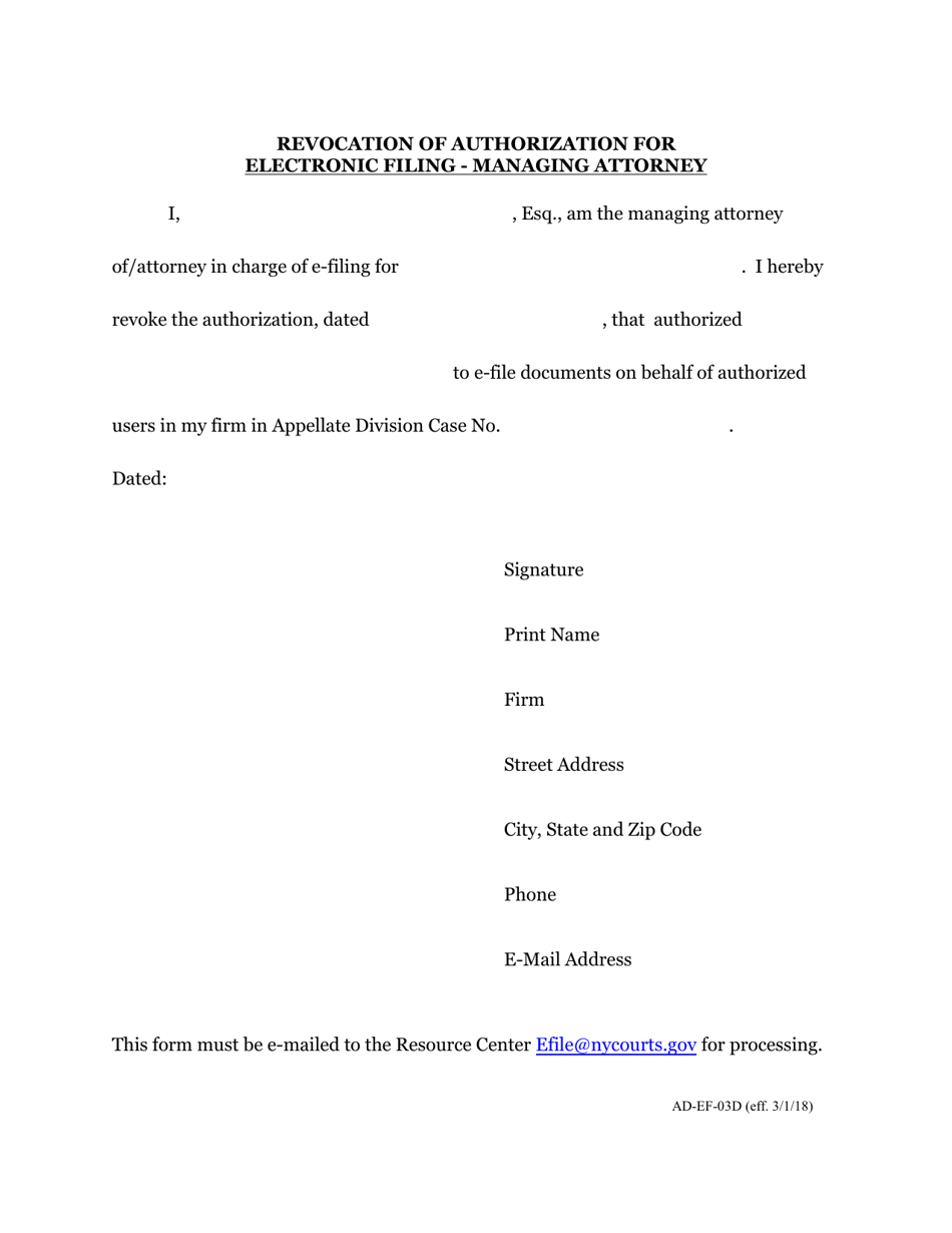 Form AD-EF-03D Revocation of Authorization for Electronic Filing - Managing Attorney - New York, Page 1