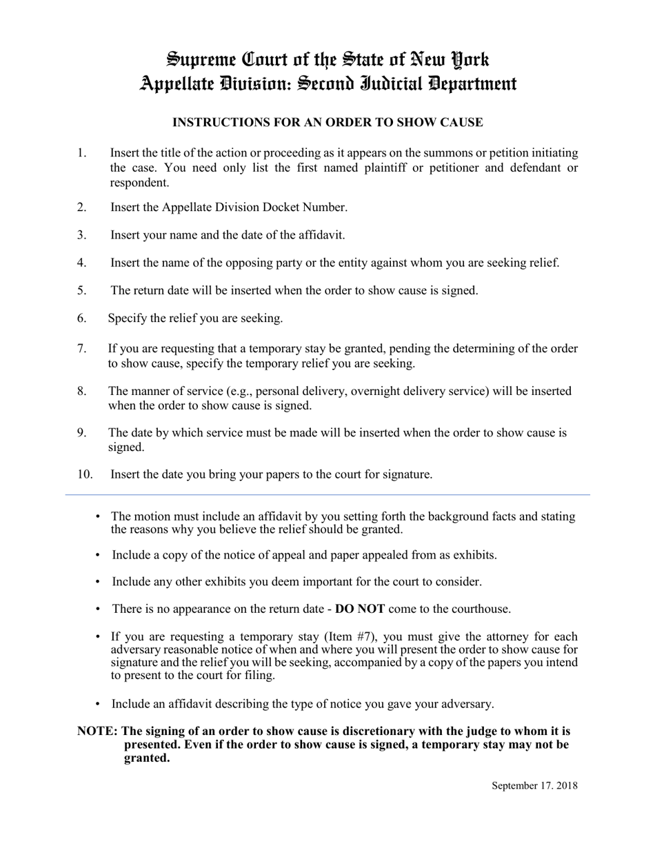 Instructions for Order to Show Cause - New York, Page 1