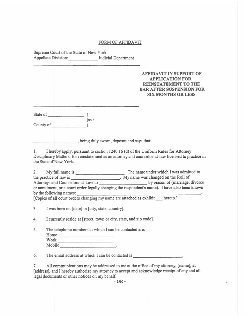 New York Affidavit in Support of Application for Reinstatement to the ...