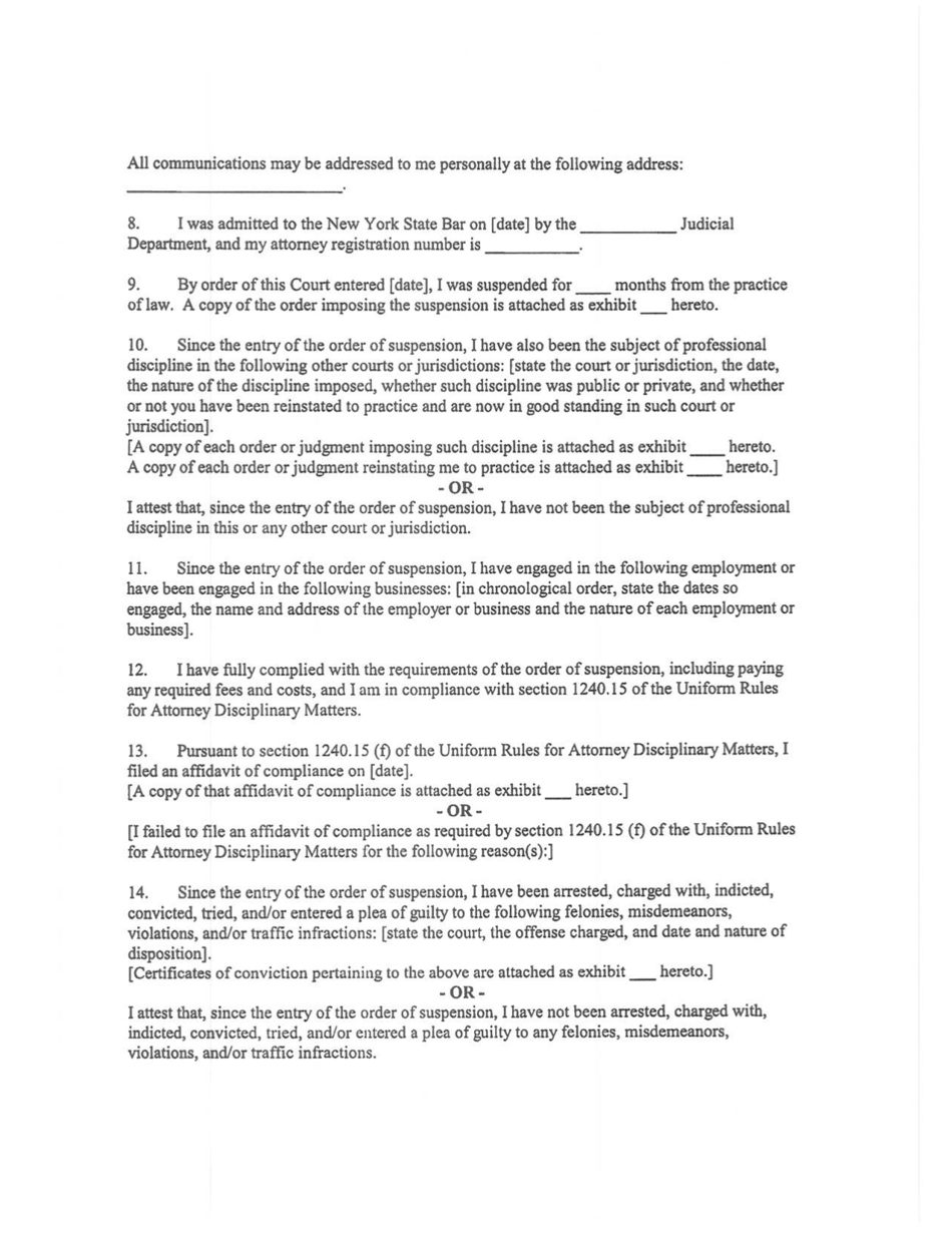 Appendix D Affidavit in Support of Application for Reinstatement to the Bar After Suspension for Six Months or Less - New York, Page 3