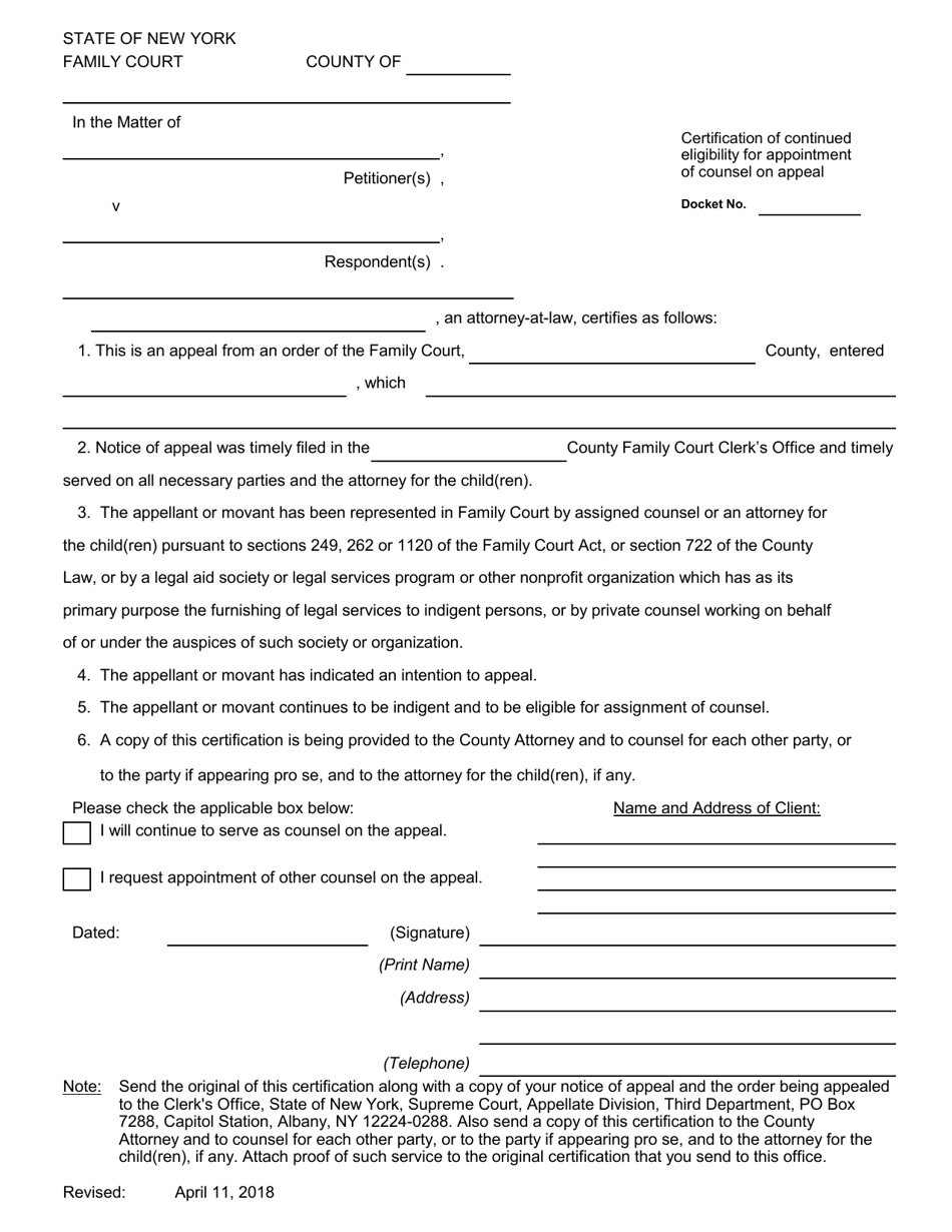 Certification of Continued Eligibility for Appointment of Counsel on Appeal - New York, Page 1