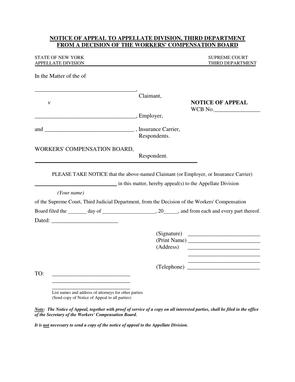 Notice of Appeal to Appellate Division, Third Department From a Decision of the Workers Compensation Board - New York, Page 1