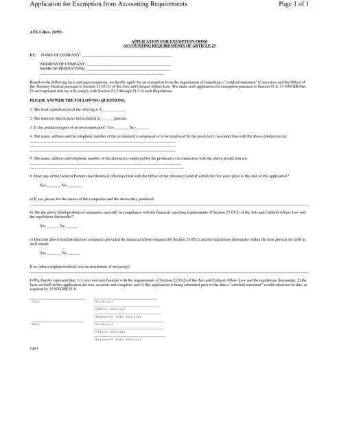 Form ATS-1 Application for Exemption From Accounting Requirements of Article 23 - New York