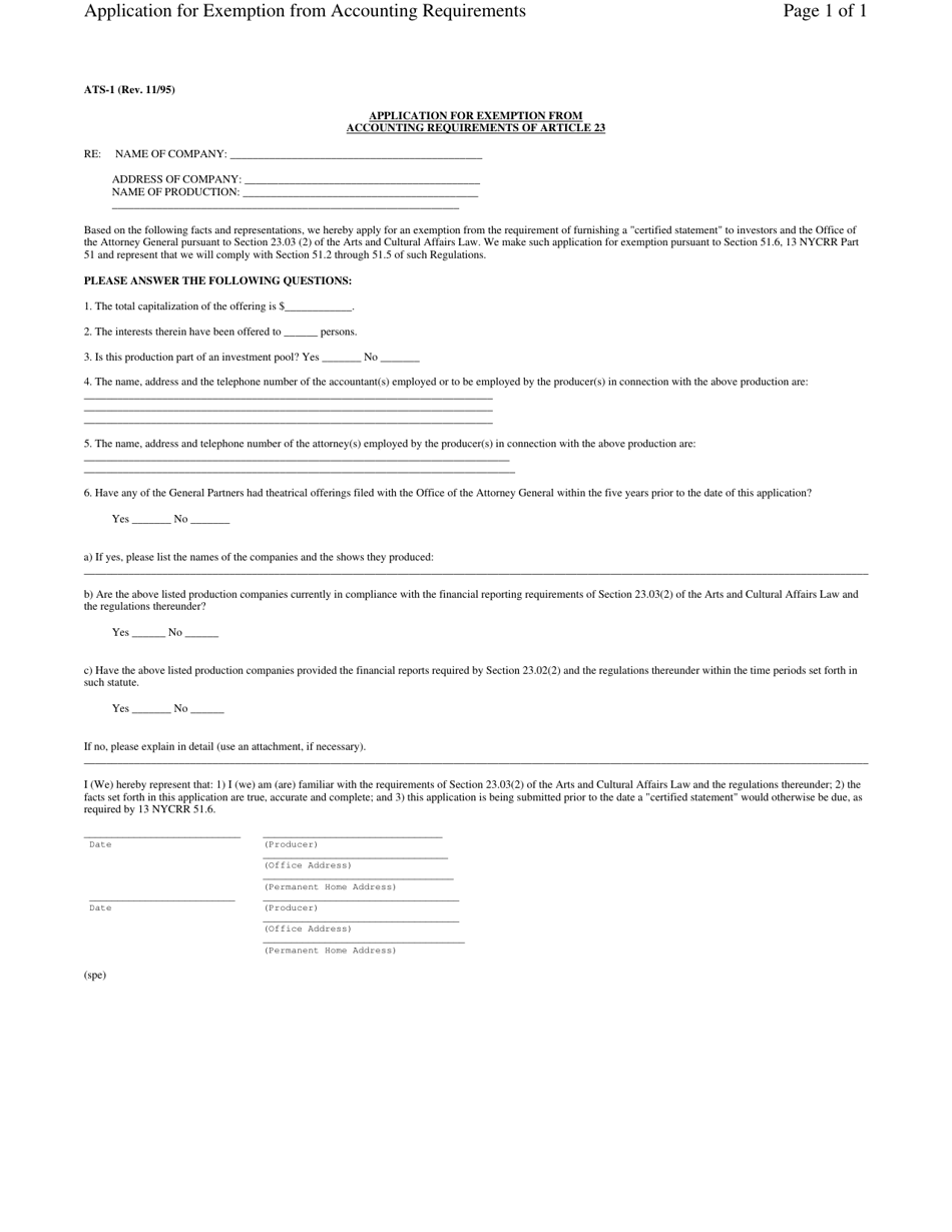 Form ATS-1 Application for Exemption From Accounting Requirements of Article 23 - New York, Page 1