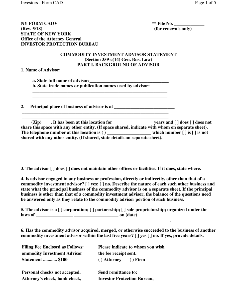 Form CADV Commodity Investment Advisor Statement - New York, Page 1