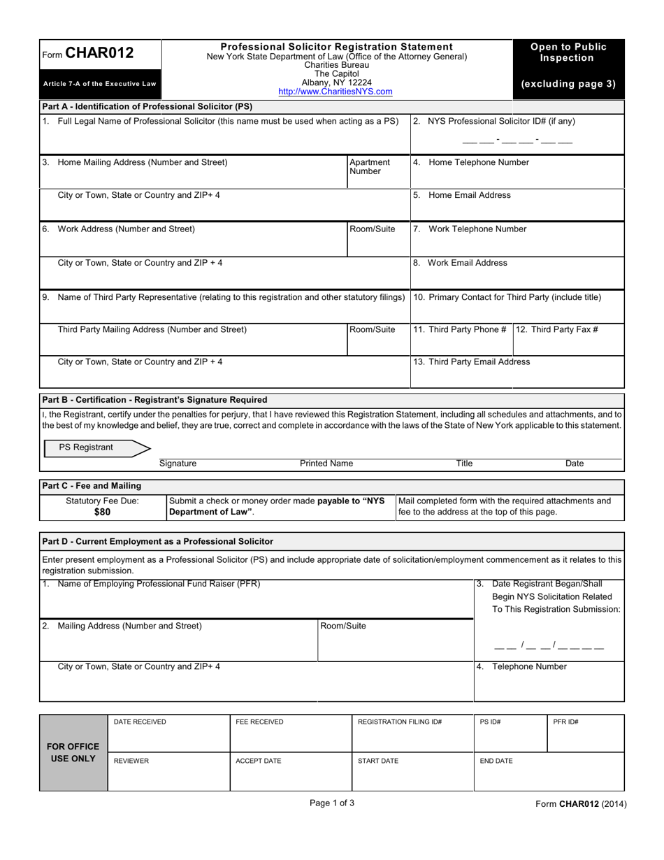 Form CHAR012 Professional Solicitor Registration Statement - New York, Page 1