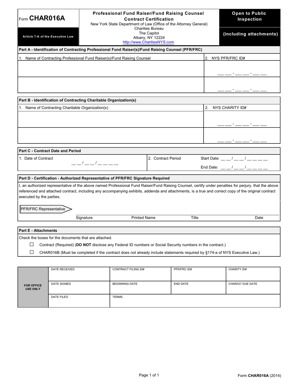 Form CHAR016 Professional Fund Raiser / Fund Raising Counsel Contract Certification - New York, Page 1