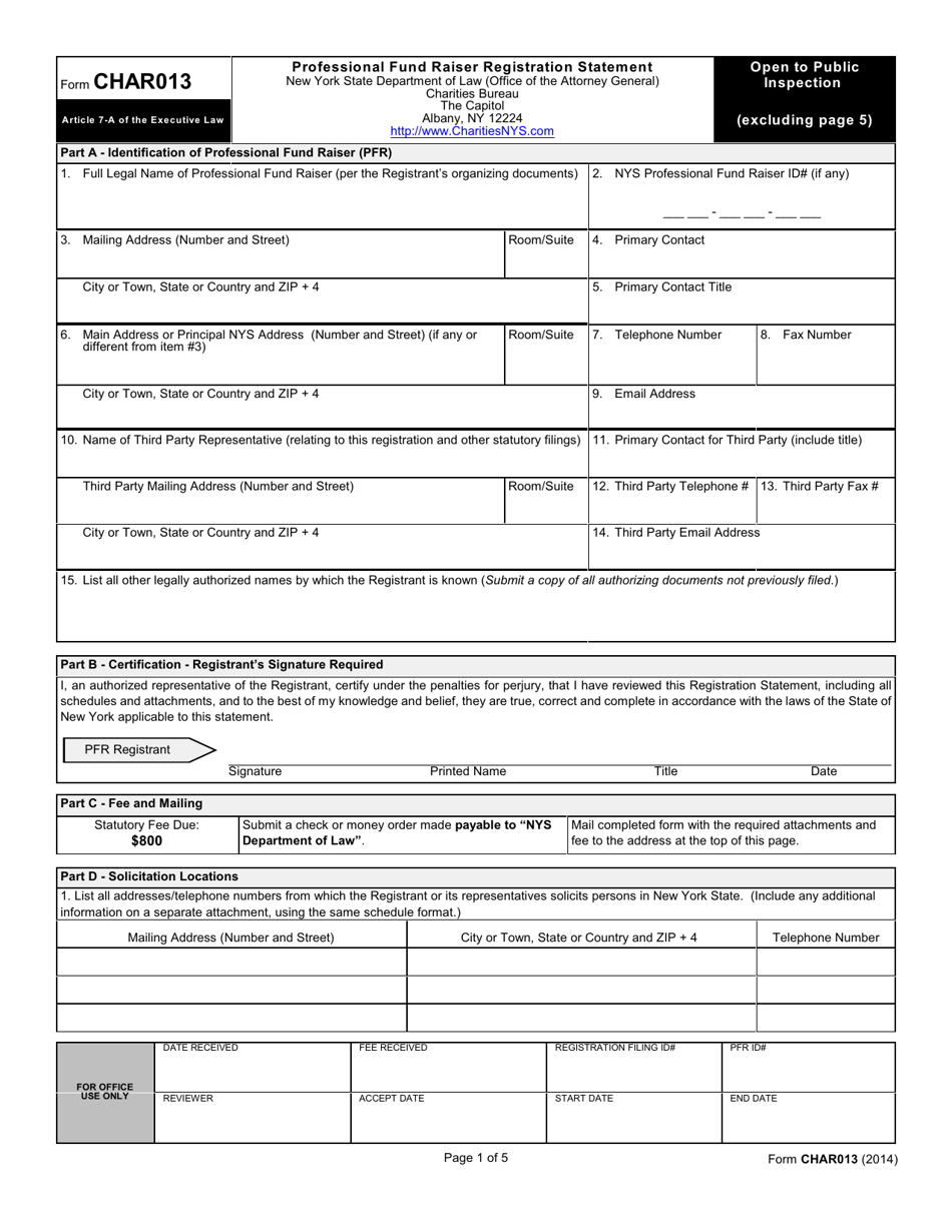Form CHAR013 Professional Fund Raiser Registration Statement - New York, Page 1