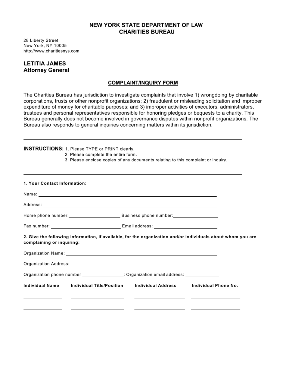 Form CHAR030 Charities Bureau Complaint / Inquiry Form - New York, Page 1