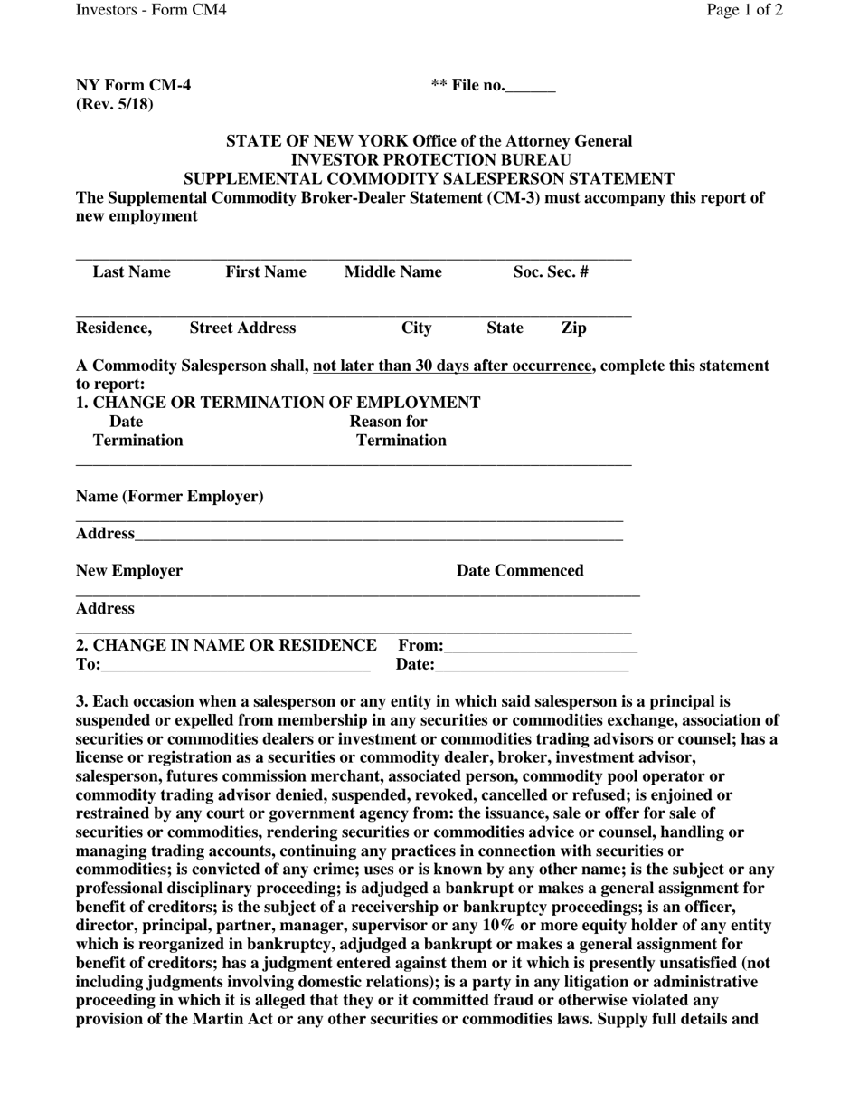 Form CM-4 Supplemental Commodity Salesperson Statement - New York, Page 1