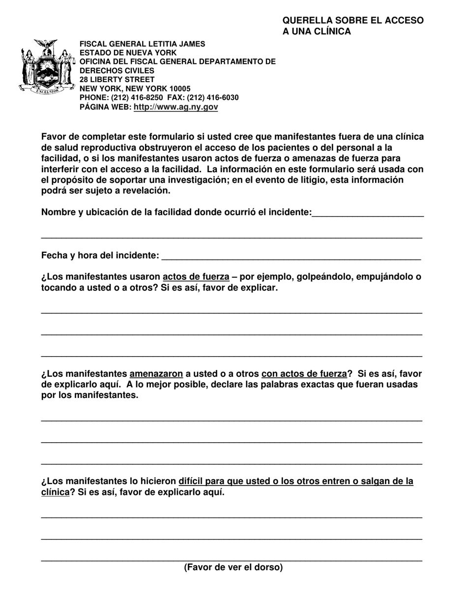 Formulario CRB003SP Querella Sobre El Acceso a Una Clinica - New York (Spanish), Page 1