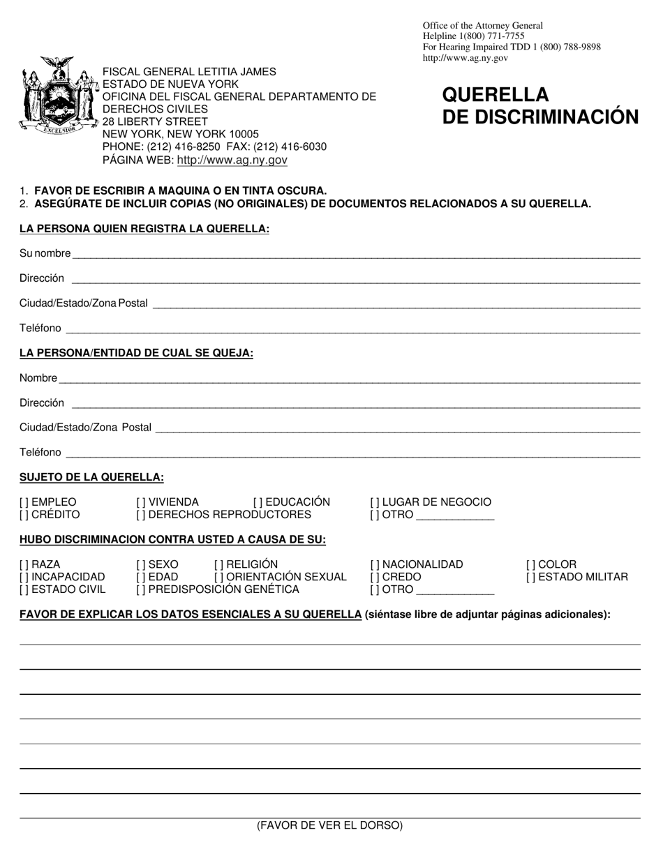 Formulario CRB002SP Querella De Discriminacion - New York (Spanish), Page 1