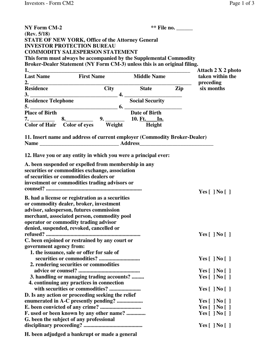 Form CM-2 Commodity Salesperson Statement - New York, Page 1