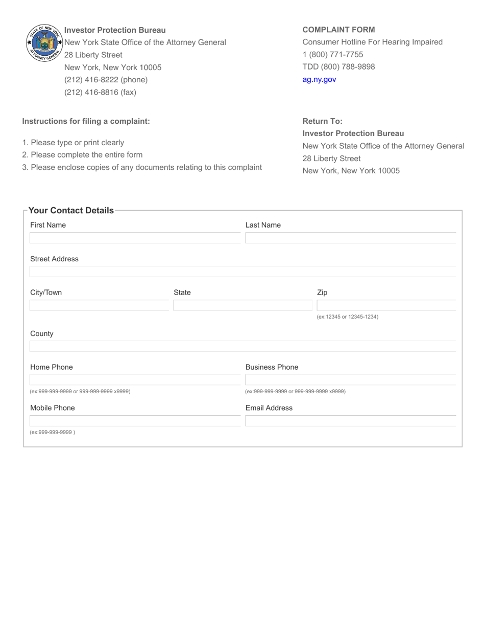 Form IPB001 Investor Protection Bureau Complaint Form - New York, Page 1
