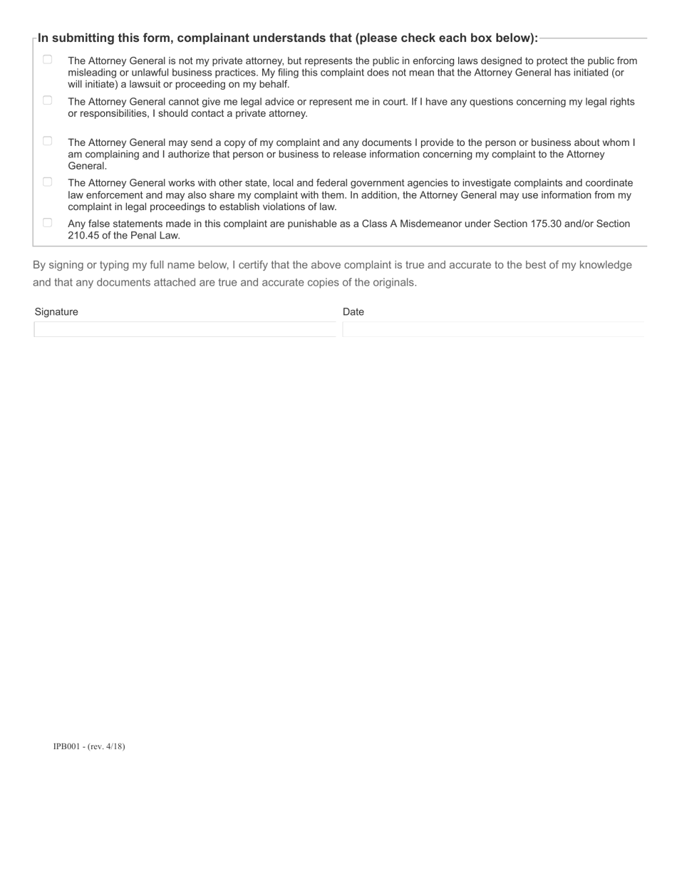 Form IPB001 Investor Protection Bureau Complaint Form - New York, Page 4