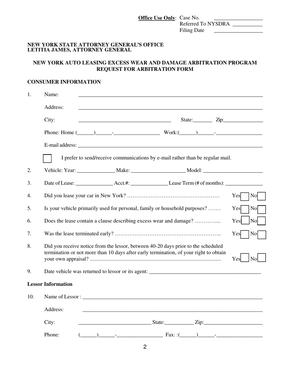 Form CFB006 Excess Wear  Damage Lemon Law Request for Arbitration Form - New York, Page 2