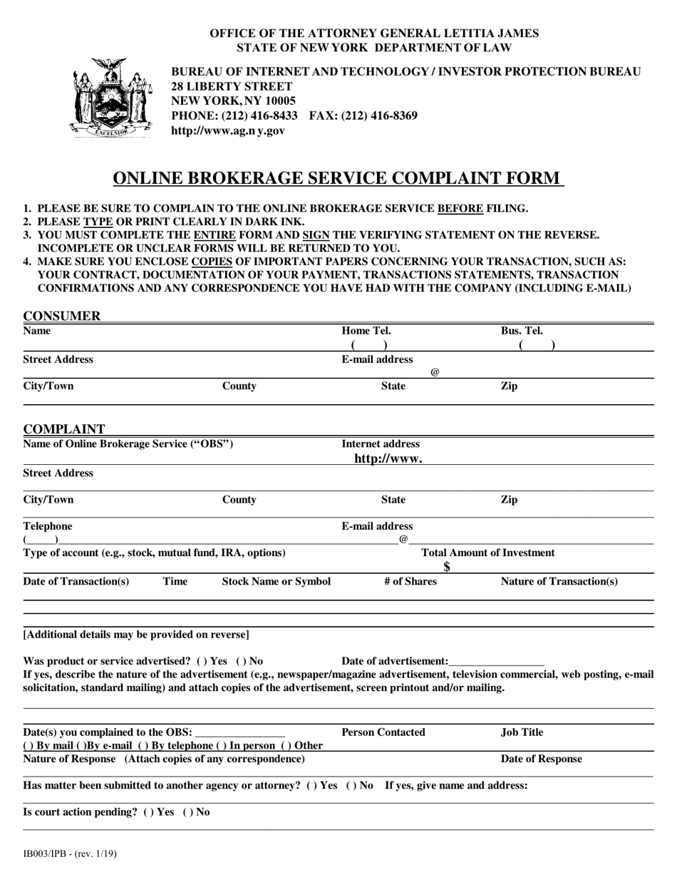 Form IB003 / IPB Online Brokerage Service Complaint Form - New York, Page 1