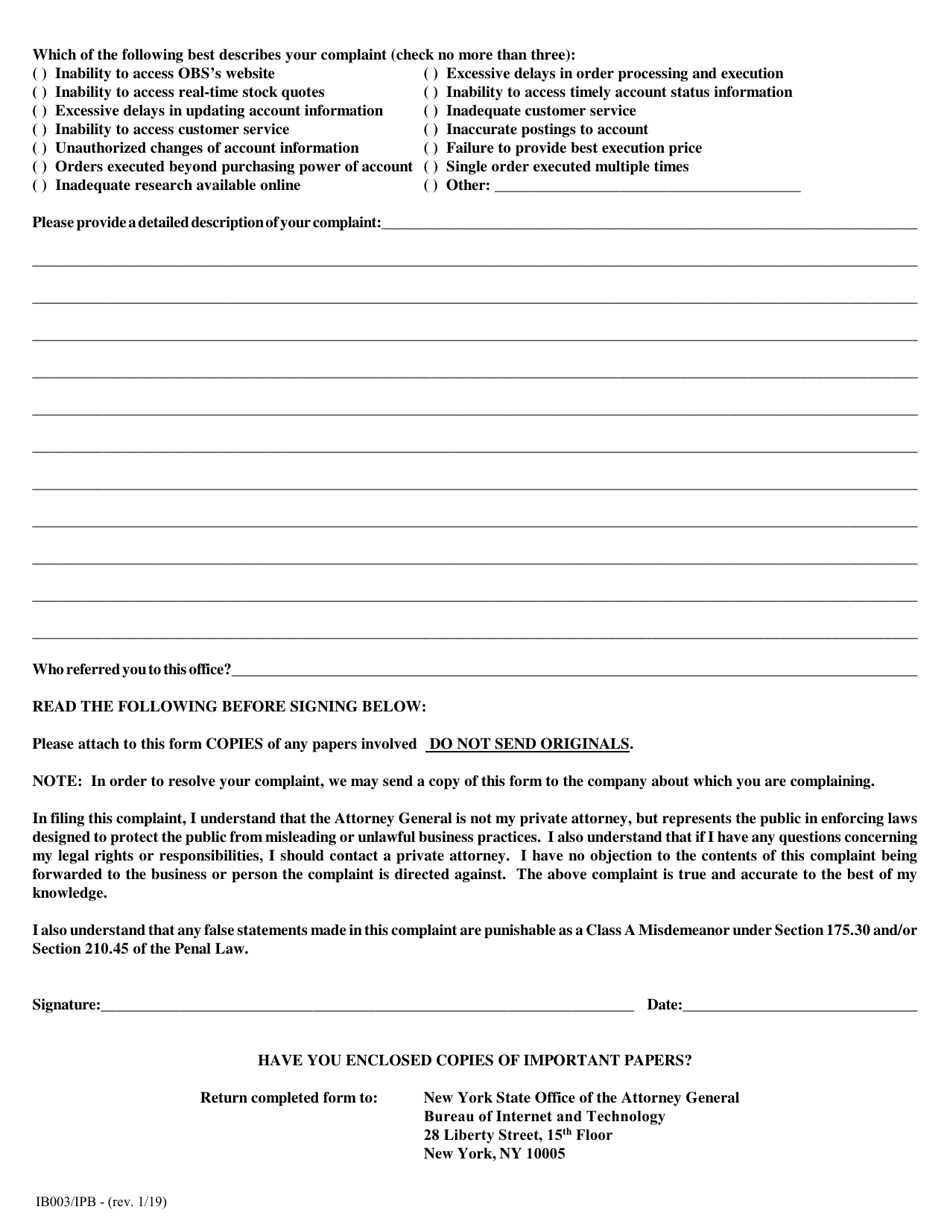 Form IB003 / IPB Online Brokerage Service Complaint Form - New York, Page 2