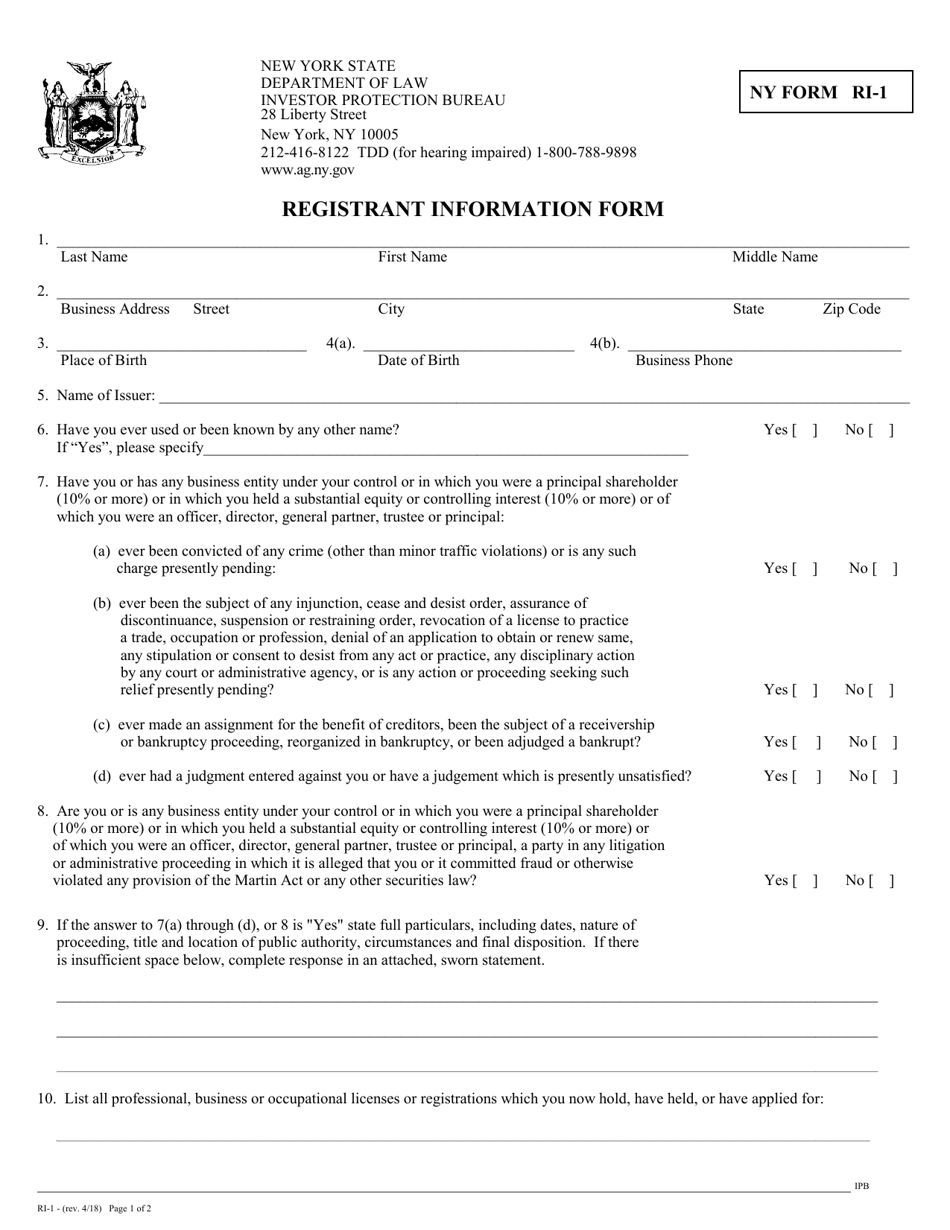 Form RI-1 Registrant Information Form - New York, Page 1