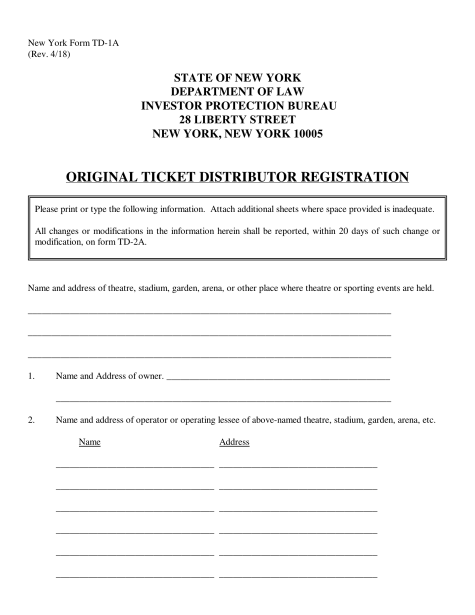 Form TD-1A Original Ticket Distributor Registration - New York, Page 1