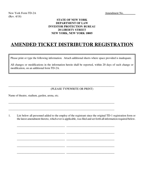 Form TD-2A Amended Ticket Distributor Registration - New York