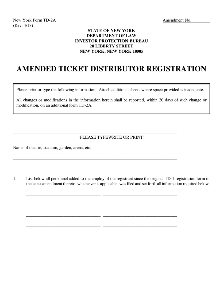 Form TD-2A Amended Ticket Distributor Registration - New York, Page 1