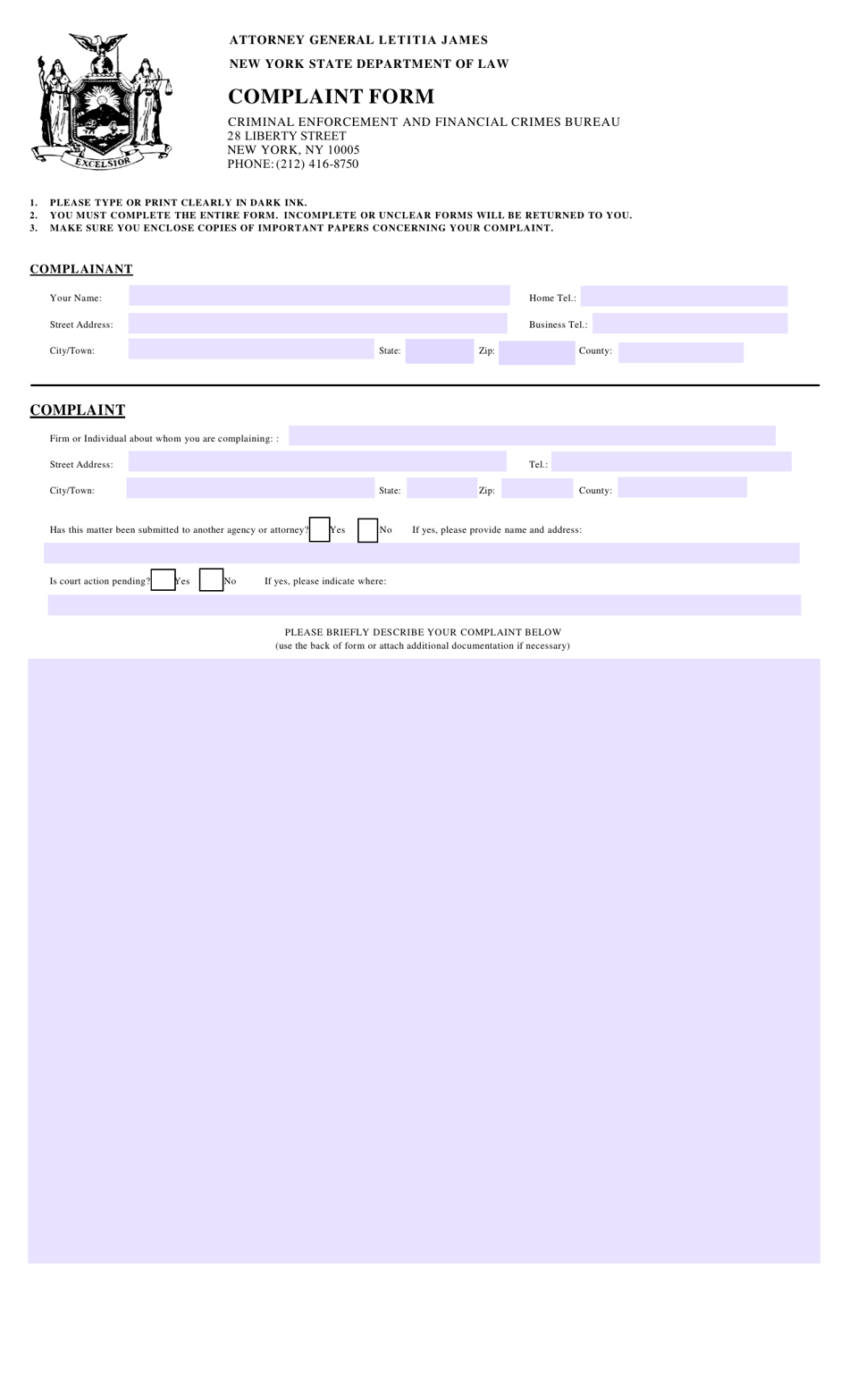 Form CEB001 Complaint Form - New York, Page 1