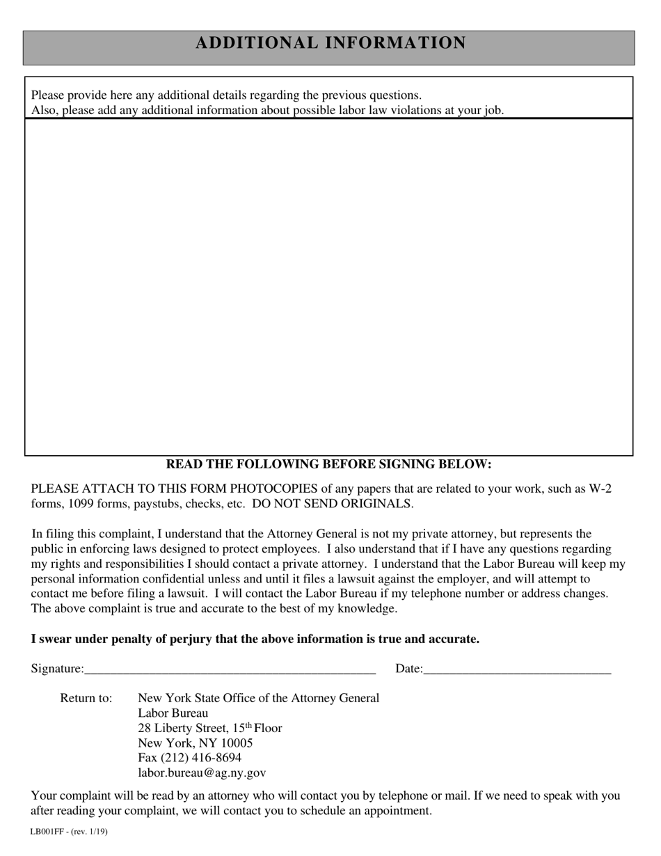 Form LB001FF Fast Food Worker Complaint Form - New York, Page 2