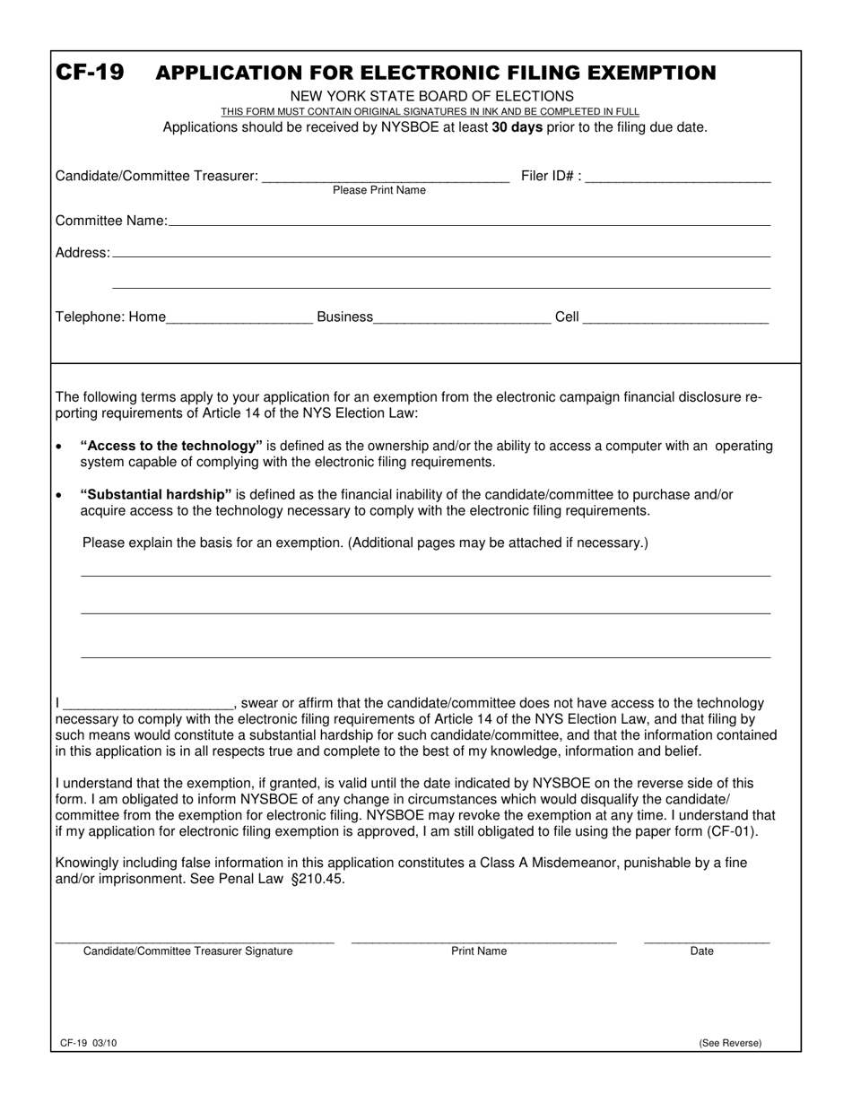 Form CF-19 Application for Electronic Filing Exemption - New York, Page 1