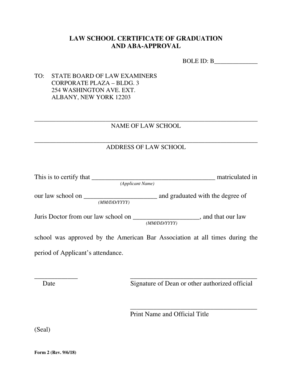 Form 2 Law School Certificate of Graduation and Aba-Approval - New York, Page 1