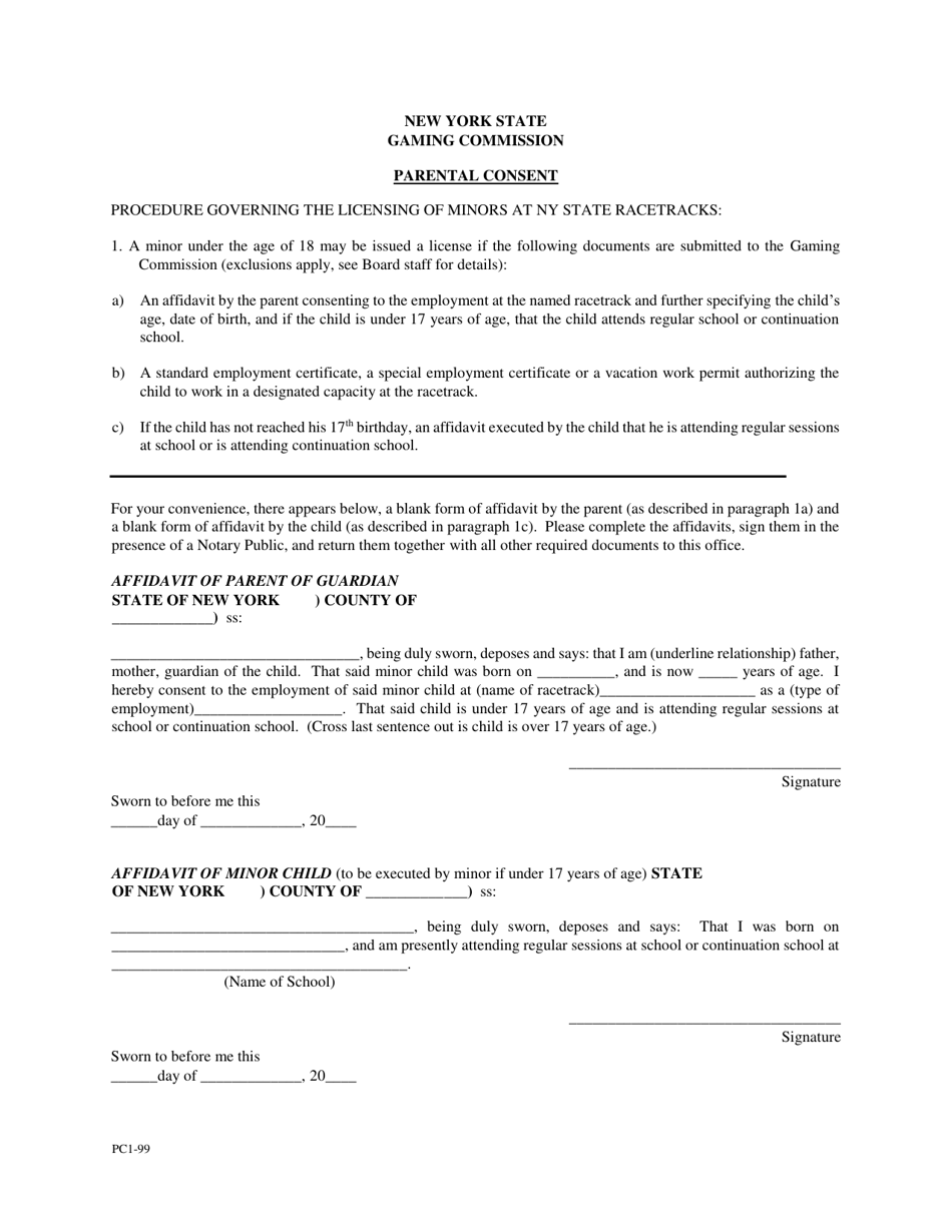 Form PC1-99 Parental Consent Form - New York, Page 1