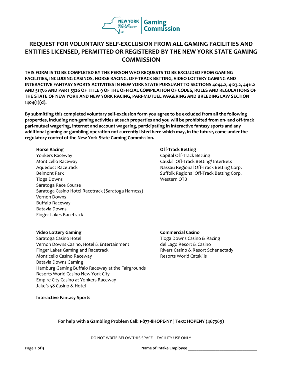 Request for Voluntary Self-exclusion From All Gaming Facilities and Entities Licensed, Permitted or Registered by the New York State Gaming Commission - New York, Page 1