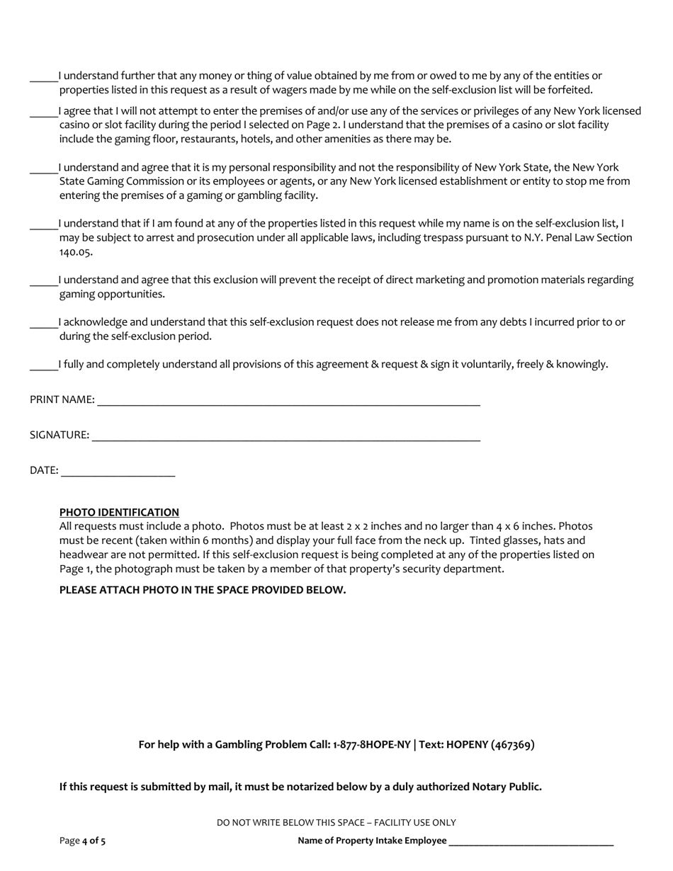 Request for Voluntary Self-exclusion From All Gaming Facilities and Entities Licensed, Permitted or Registered by the New York State Gaming Commission - New York, Page 4