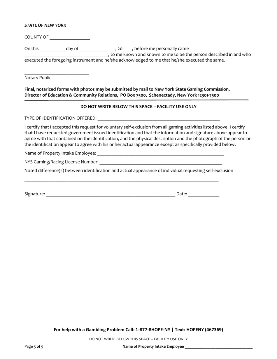 Request for Voluntary Self-exclusion From All Gaming Facilities and Entities Licensed, Permitted or Registered by the New York State Gaming Commission - New York, Page 5