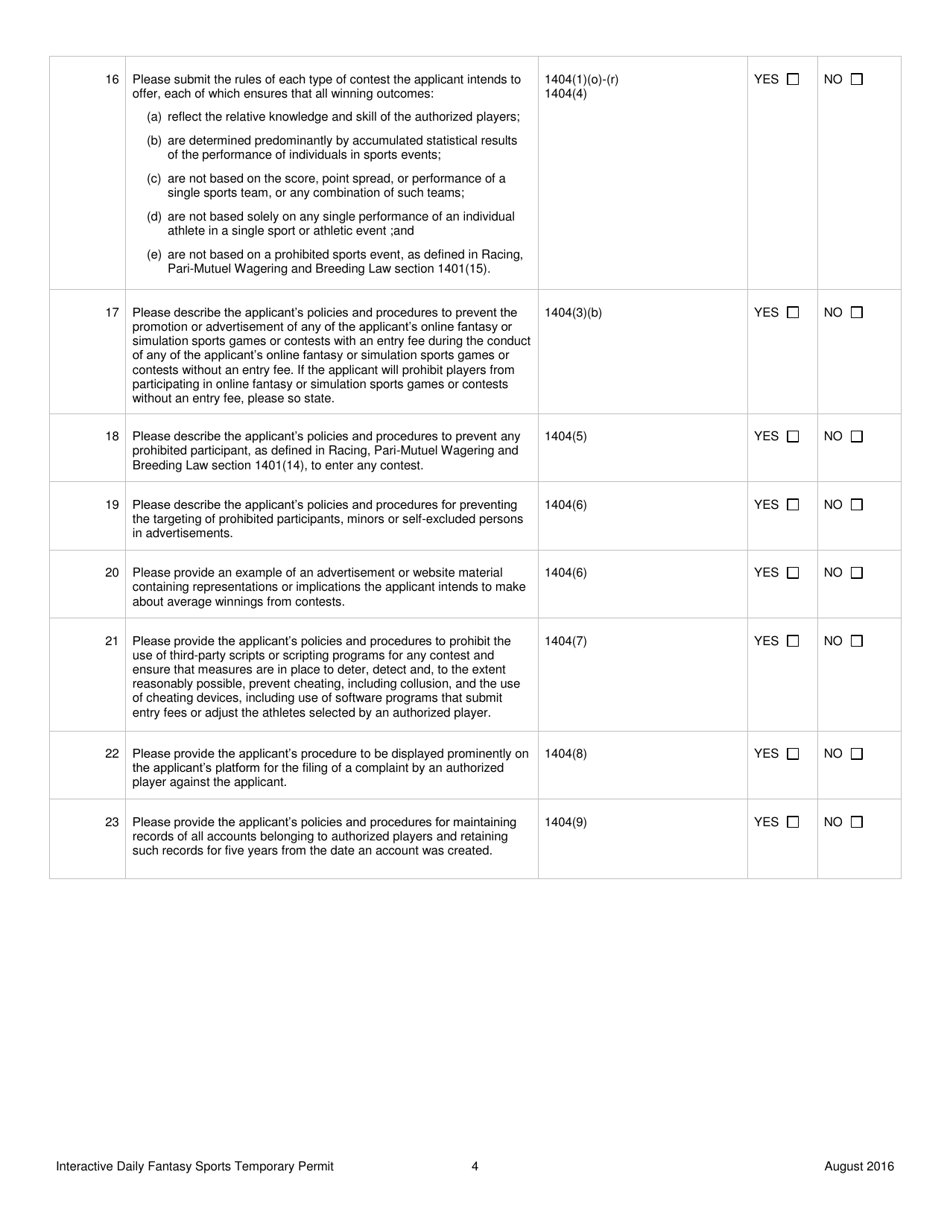 Interactive Fantasy Sports Contest Application for Temporary Permit - New York, Page 4