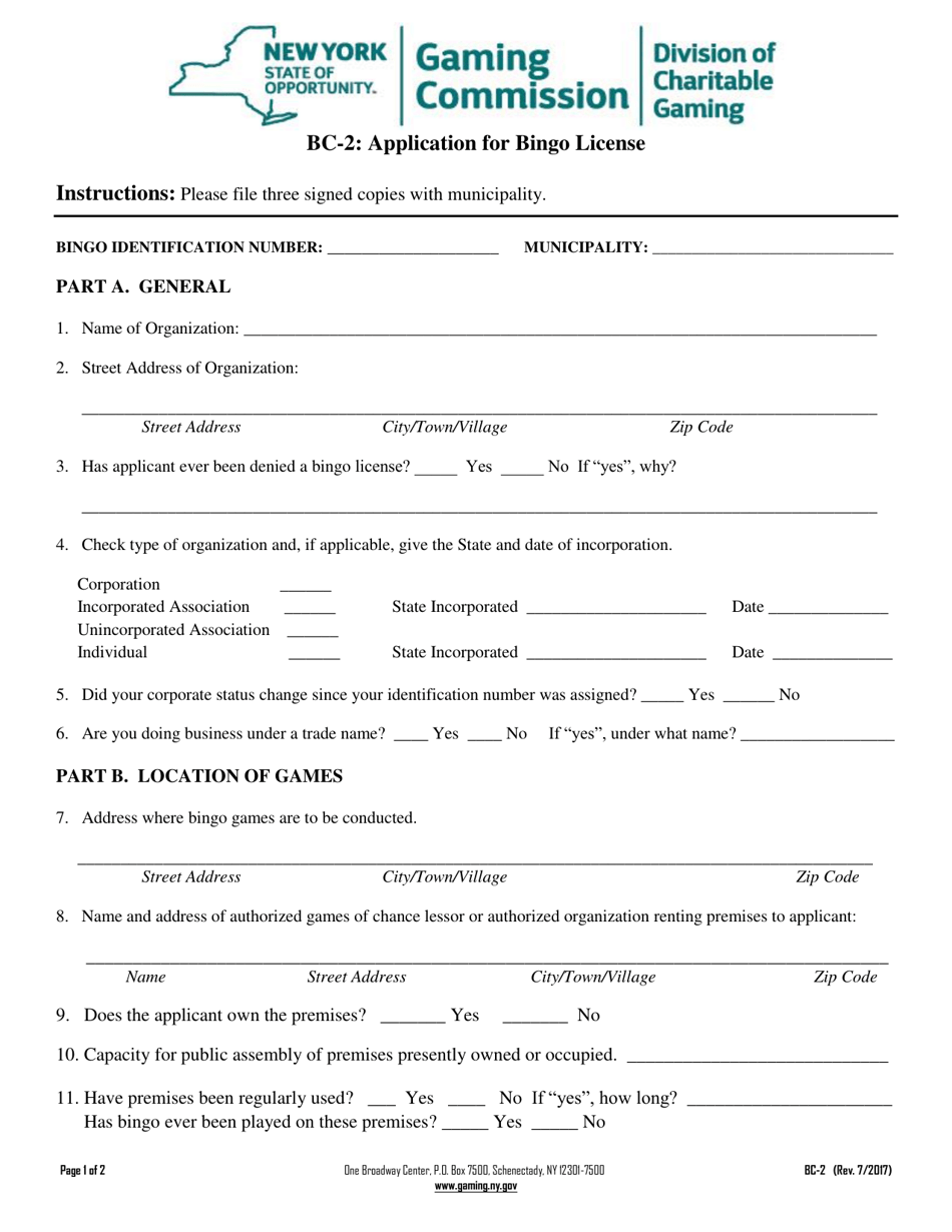 Form BC-2 Application for Bingo License - New York, Page 1