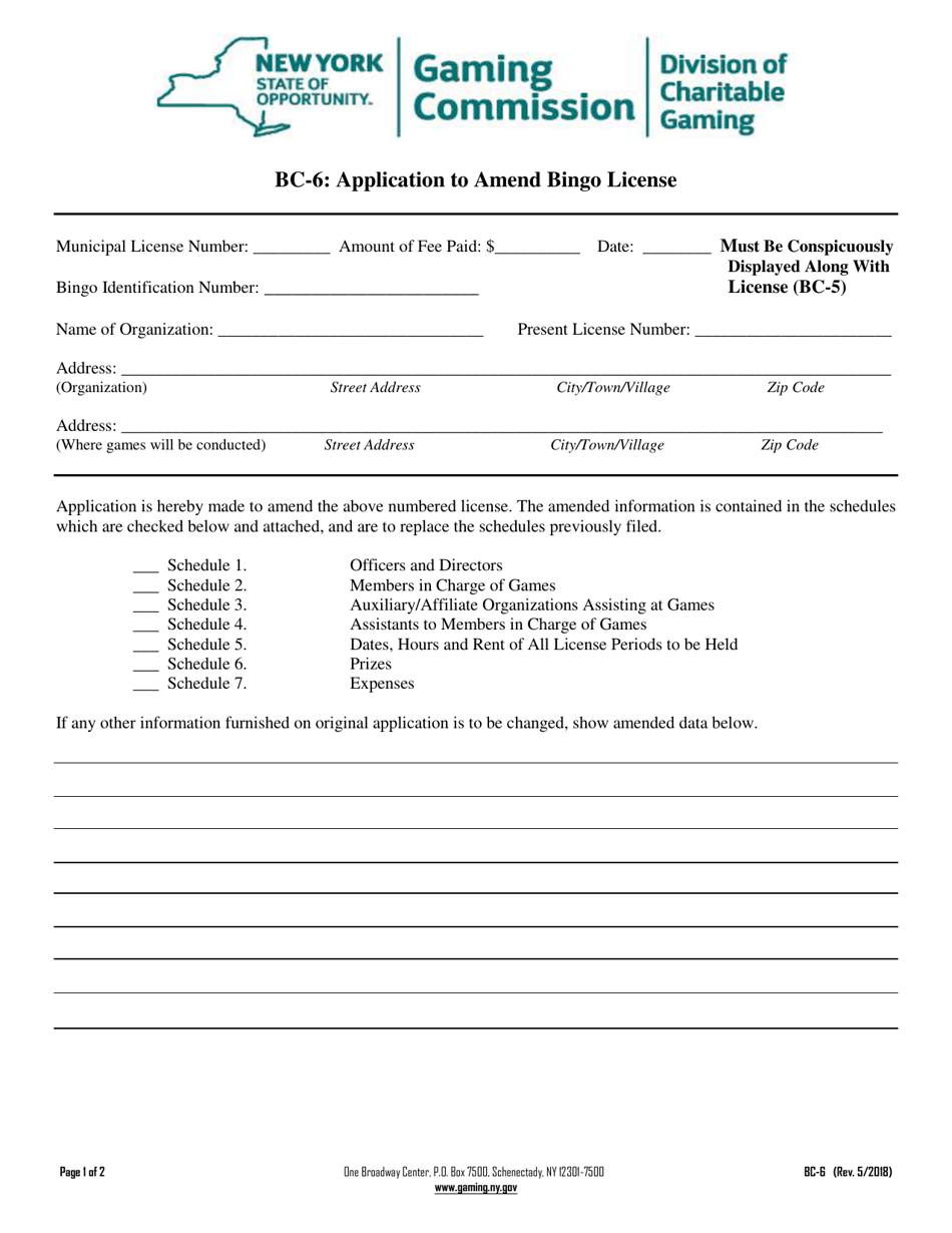 Form BC-6 Application to Amend Bingo License - New York, Page 1