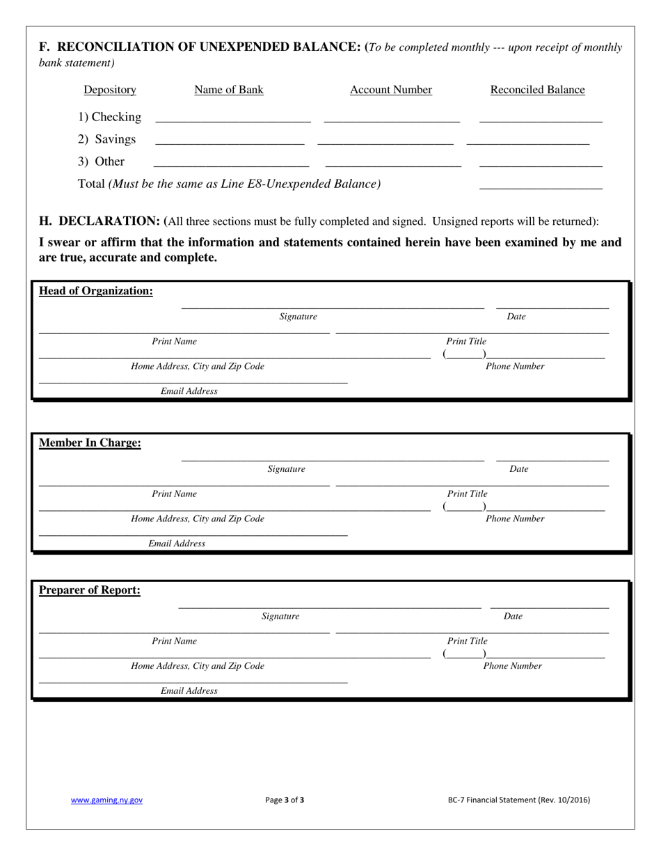 Form BC-7 Financial Statement of Bingo Operations - New York, Page 3
