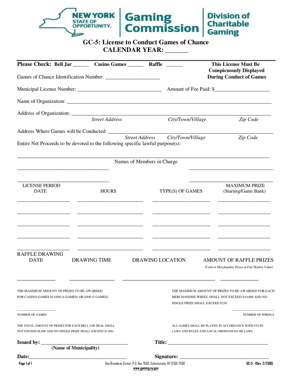 Form GC-5 License to Conduct Games of Chance - New York, Page 1