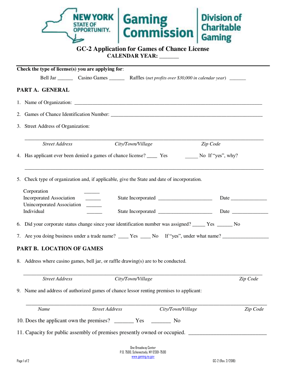 Form GC-2 Application for Games of Chance License - New York, Page 1