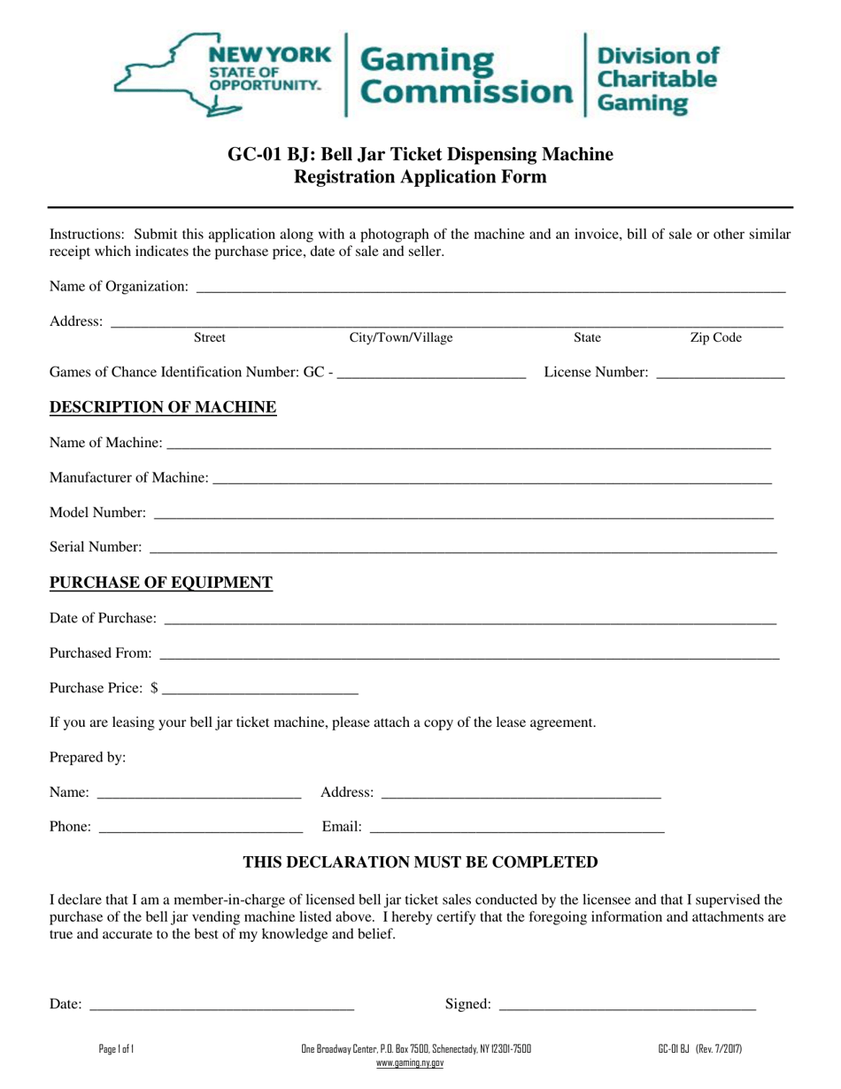 Form GC-01 BJ Bell Jar Ticket Dispensing Machine Registration Application Form - New York, Page 1