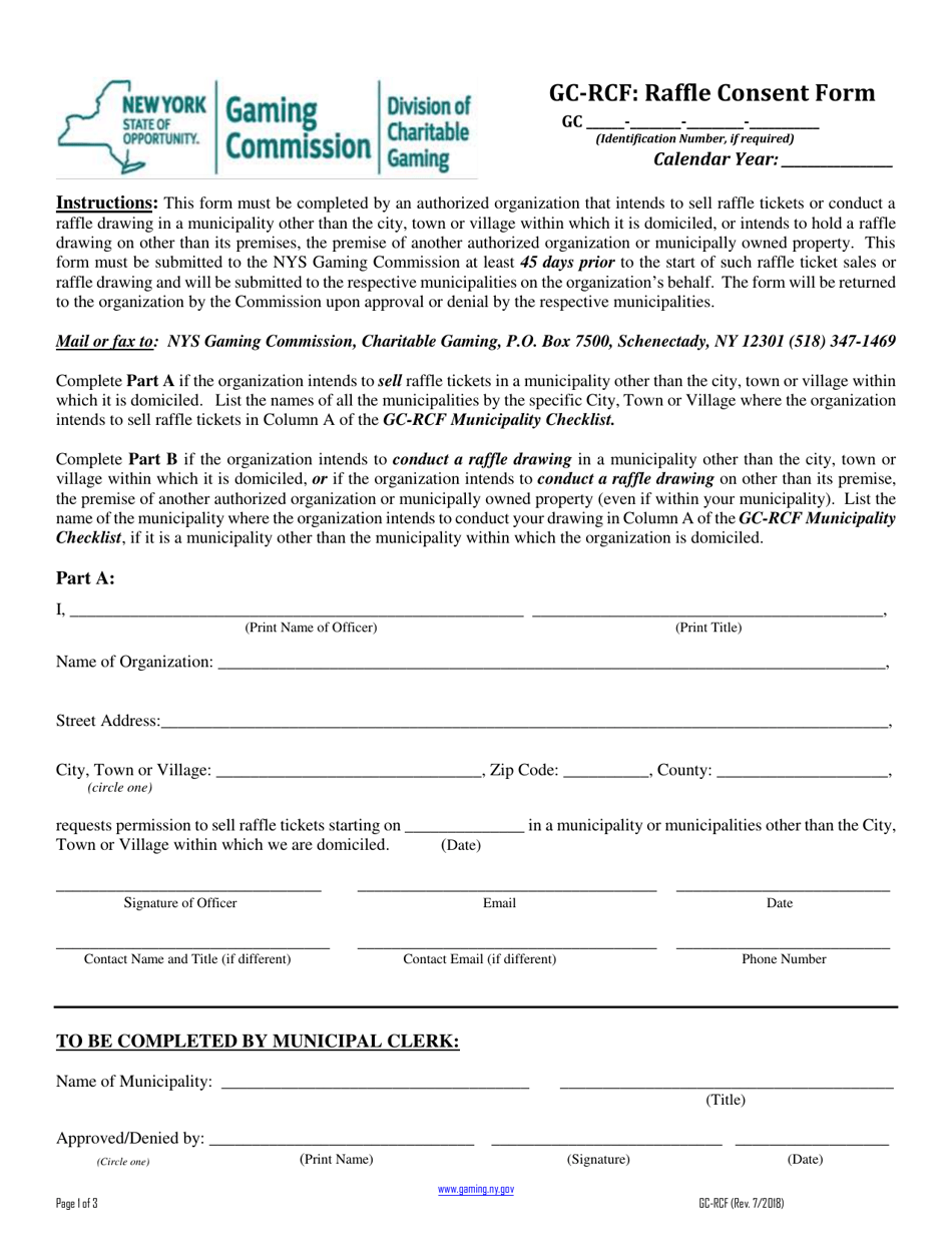 Form GC-RCF Raffle Consent Form - New York, Page 1