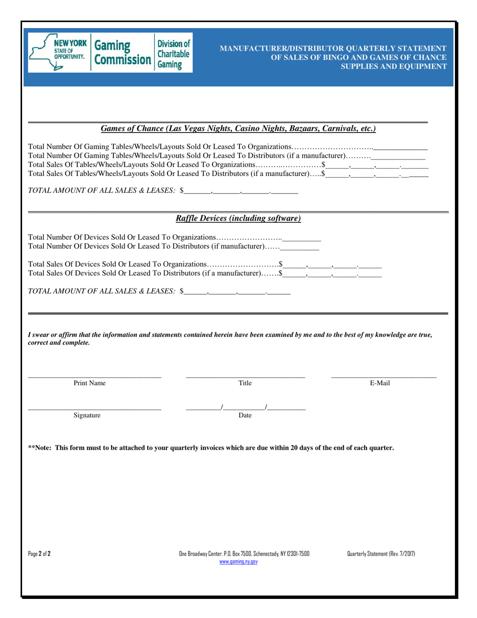 Manufacturer / Distributor Quarterly Statement of Sales of Bingo and Games of Chance Supplies and Equipment - New York, Page 2