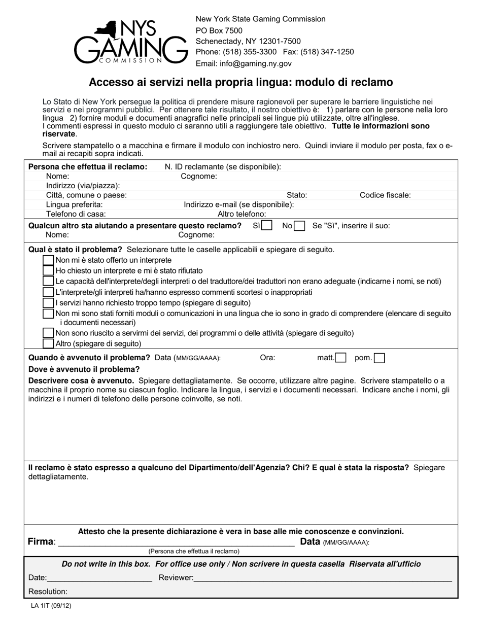 Form LA1 Access to Services in Your Language: Complaint Form - New York (Italian), Page 1